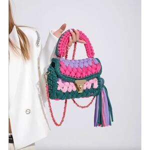 Women Rainbow Woven Crochet Top Handle Crossbody Bag with Removable Strap
